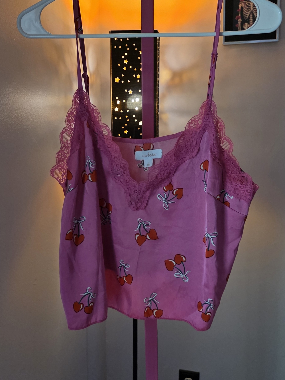 Colsie Sz L Pink Lace-Trim Cherry Print Cami